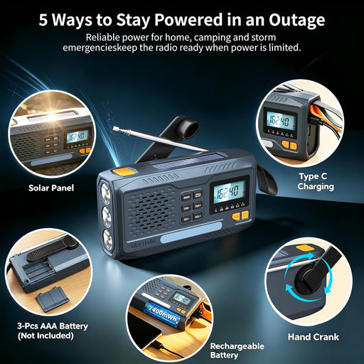 Emergency Weather Radio NOAA Alert Hand Crank Solar 2000mAh Phone Charger