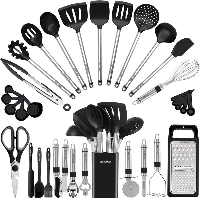 Kitchen Utensil Set-Silicone Cooking Utensils-33 Kitchen Gadgets & Spoons for Nonstick Cookware-Silicone and Stainless S