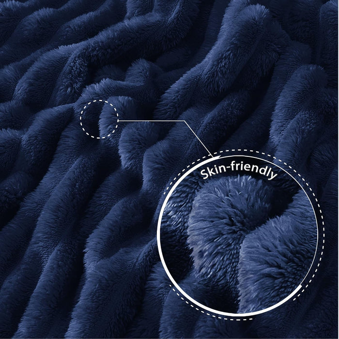 Striped Fleece Throw Blanket for Couch, Sofa, Navy Blue