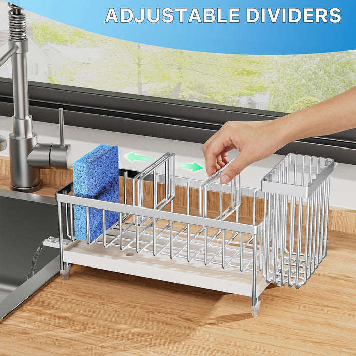 Sponge Holder for Kitchen Sink, Sink Caddy Organizer with High Brush Holder, Kitchen Countertop Organizers and Storage Essentials, Rustproof 304 Stainless Steel (Silver, 9.25″)