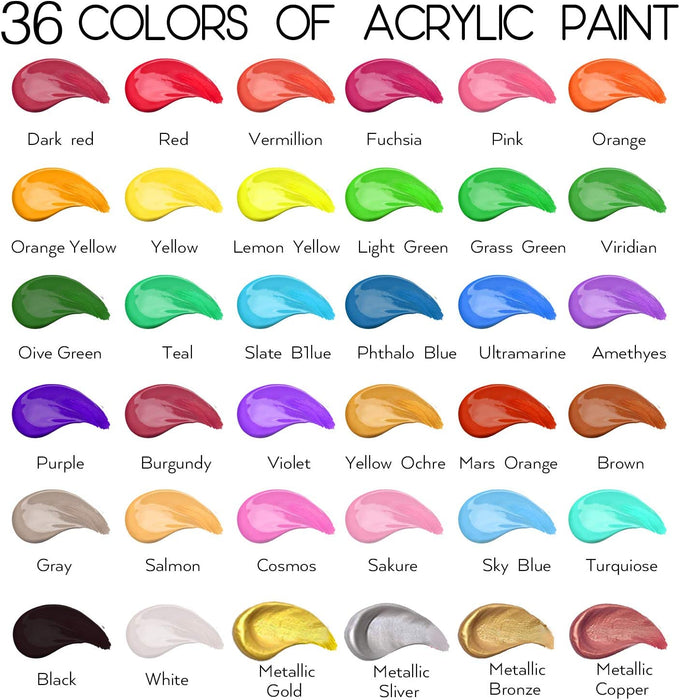 55PCS Acrylic Paint Set of 36 Colors 2fl oz 60ml Bottles 12 Brushes,Non Toxic 36 Colors Acrylic Paint No Fading Rich Pig
