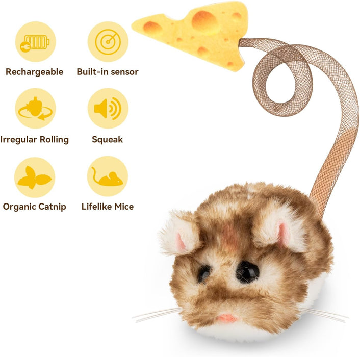 Interactive MigiMouse Cat Toy 360° Rolling & Spin with Mesh Plastic Tail for Indoor Cats Smart Motion Sensor, Realistic 