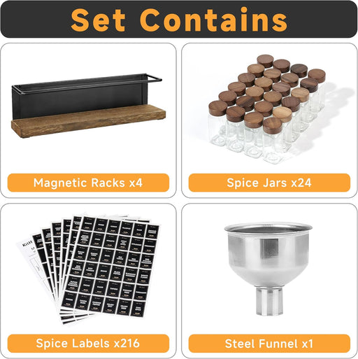 Wooden Lid Magnetic Spice Rack with 24 Jars, 216 Labels, 1 Steel Funnel for Refrigerator，Microwave Oven - Full Set of Sp