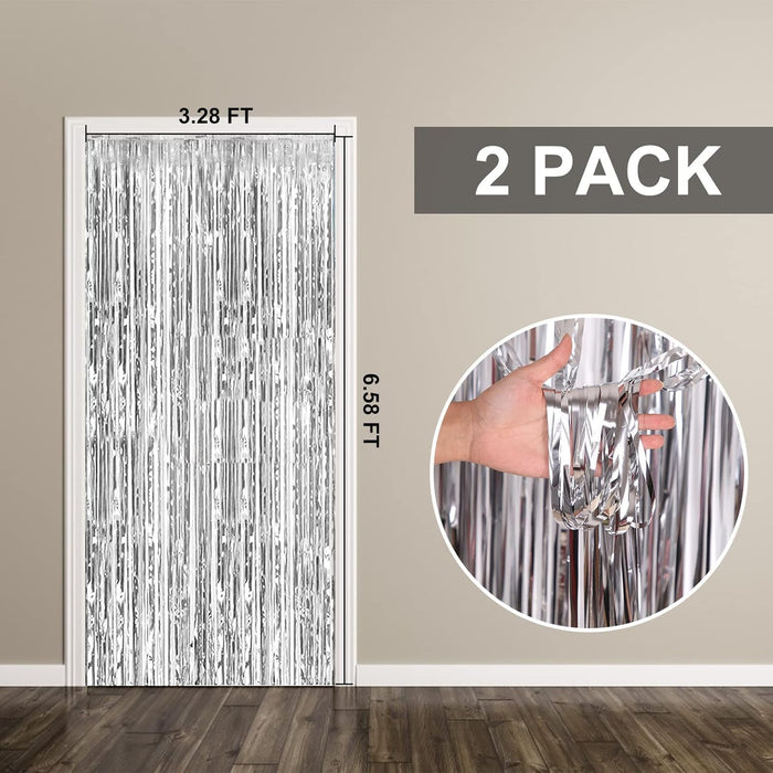 2 Pack Silver Foil Curtain Party Streamers Metallic Tinsel Foil Fringe Photo Booth Backdrop for Birthday Wedding Engagement Baby Shower Bachelorette Christmas Holiday Celebration Party Decorations