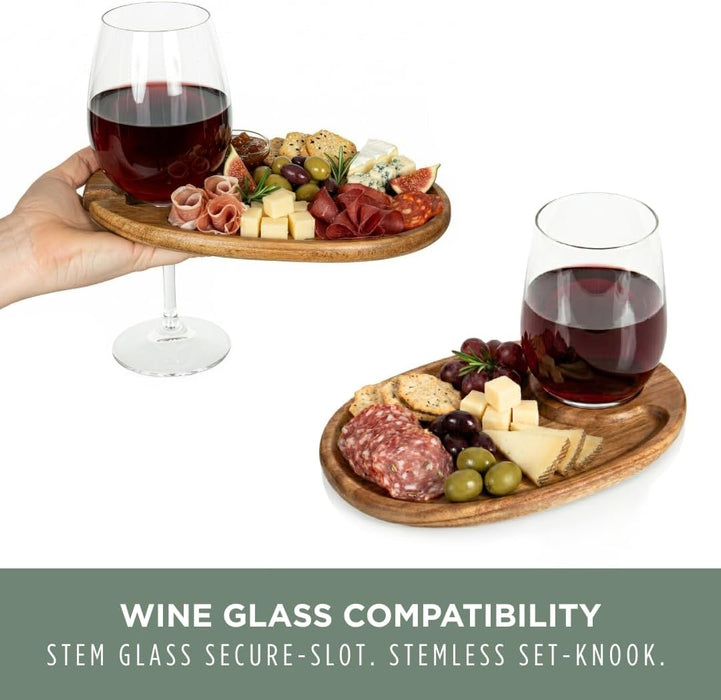 Wine Appetizer Plates, Set of 4 Wooden Cocktail Plates with Glass Holder, Mini Charcuterie Boards for Wine and Cheese Pa