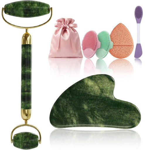 Gua Sha and Face Roller Set: Face Skin Care Tools with Facial Cleansing Brush, 2 Silicone Scrubber Pads & Face Sponge, T