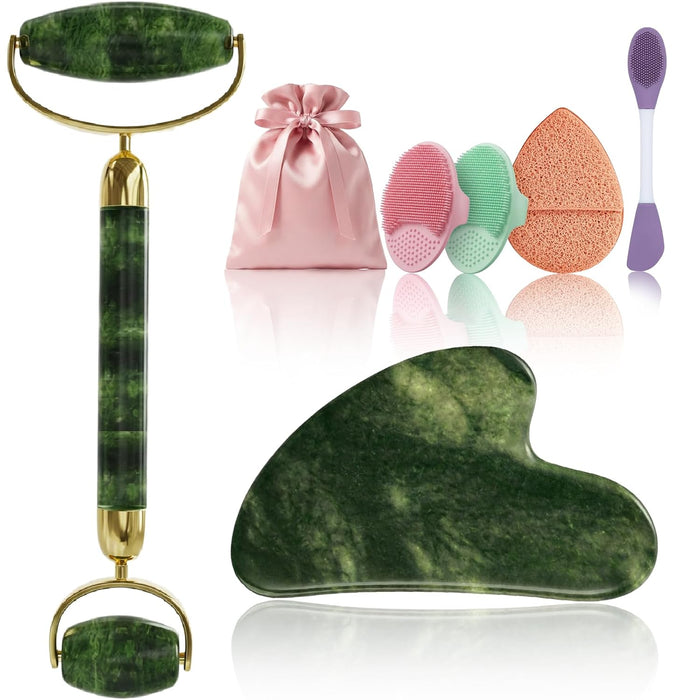 Gua Sha and Face Roller Set: Face Skin Care Tools with Facial Cleansing Brush, 2 Silicone Scrubber Pads & Face Sponge, T