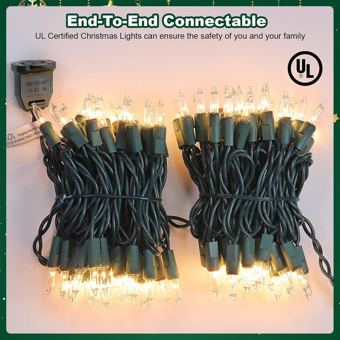 Christmas Lights 100 Count Clear Mini Lights Green Wire UL Certified Connectable Warm White String Lights for Christmas 