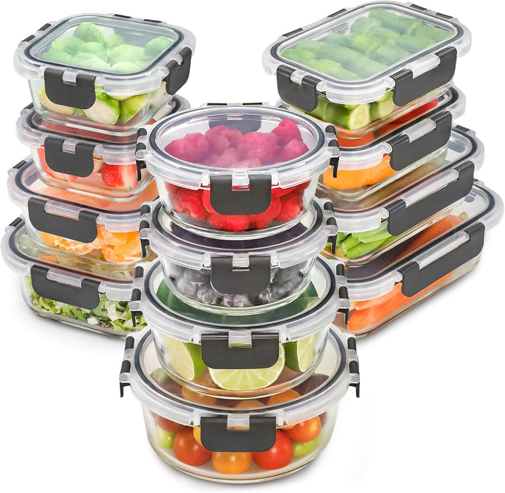 Glass Storage Containers with Lids, 24 Pieces, 12 Containers with 12 Lids, Glass Meal Prep Container for Lunch, Food Sto
