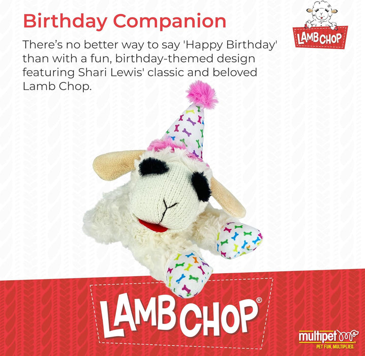 Lamb Chop Dog Plush Toy with Birthday Hat - Squeaky Dog Toy