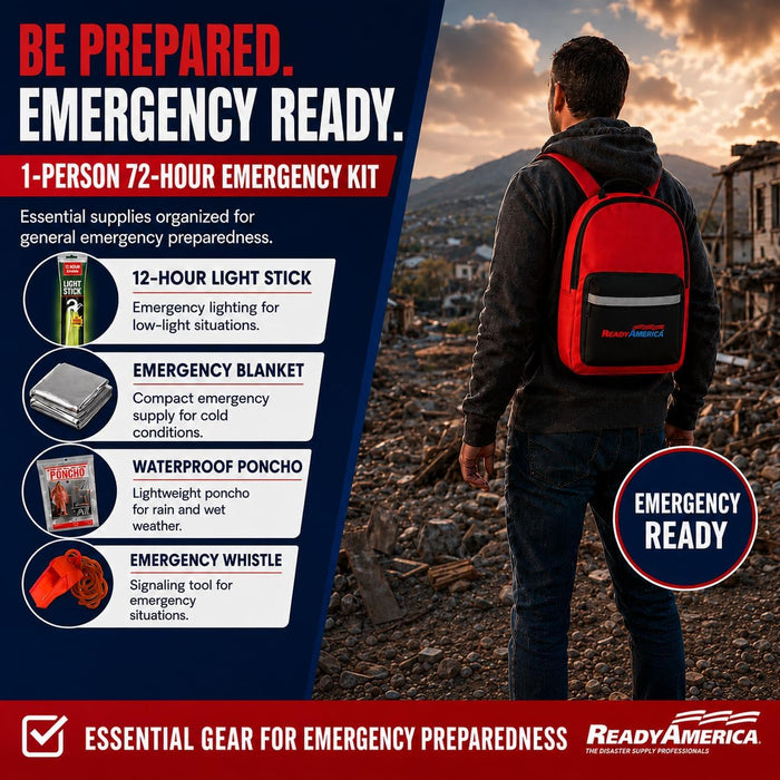 70180 72 Hour Emergency Kit, 1-Person, 3-Day Backpack, Includes First Aid Kit, Survival Blanket, Emergency Food Portable Disaster Preparedness Go-Bag for Earthquake, Fire, Flood