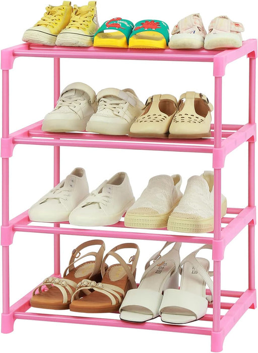4-Tier Free Standing Pink Shoe Racks, Lightweight Stackable Shelf