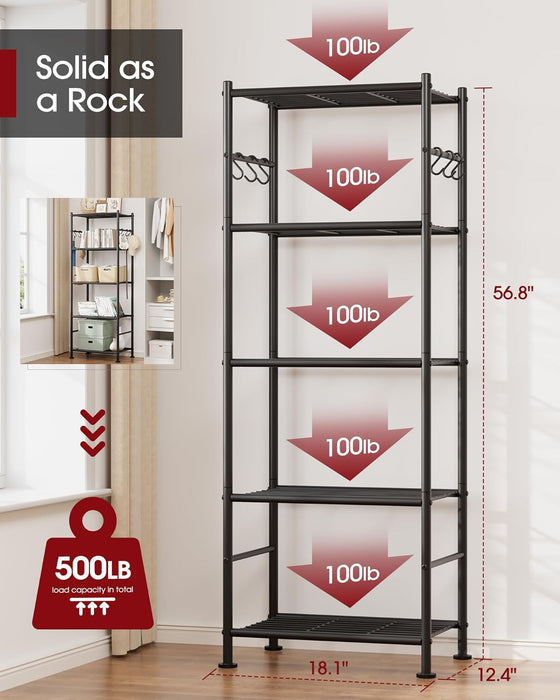 5-Tier Storage Rack Organizer with Hooks, Heavy Duty Metal Garage Rack with Leveling Feet, Freestanding Utility Rack for