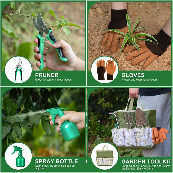 9-Piece Premium Gardening Tool Set for Women - Heavy Duty Stainless Steel Rust-Proof Tools with Fashion Storage Tote | P