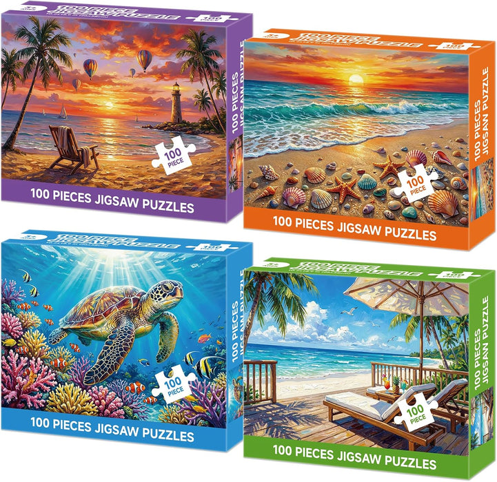 4-Pack 100 Piece Puzzles for Adults Seniors, Nature Landscape Jigsaw Puzzles 100 Pieces, Beach Resort Turtle Sunset Lighthouse Large Piece Jigsaw Puzzles for Seniors Adults Family Game Gifts 15"x11"