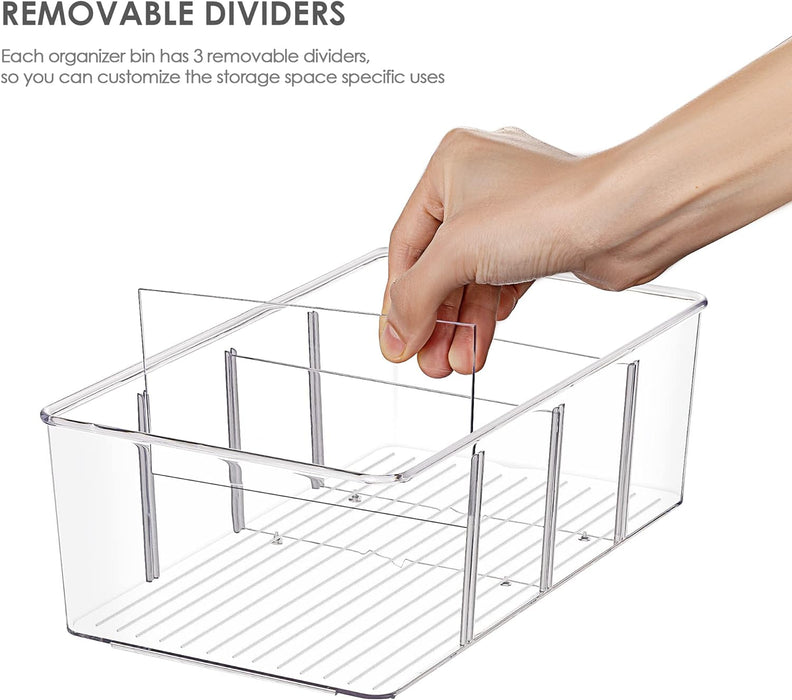 8 Pack Food Storage Organizer Bins, Clear Plastic, 4 Compartments