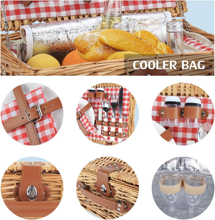 Wicker Picnic Basket for 2, Insulated Picnic Basket - Red Check