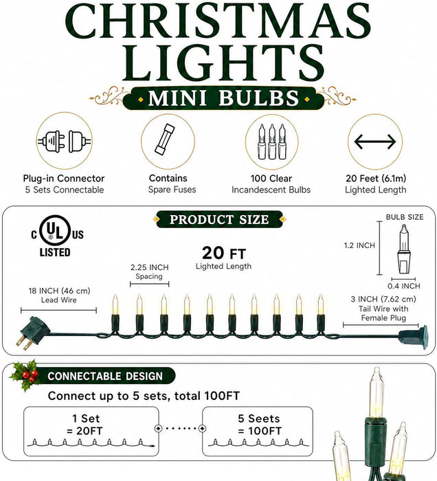 Warm White Christmas Lights Outdoor, 20FT 100 Count Incandescent Christmas Light Indoor, Waterproof Christmas Tree Strin