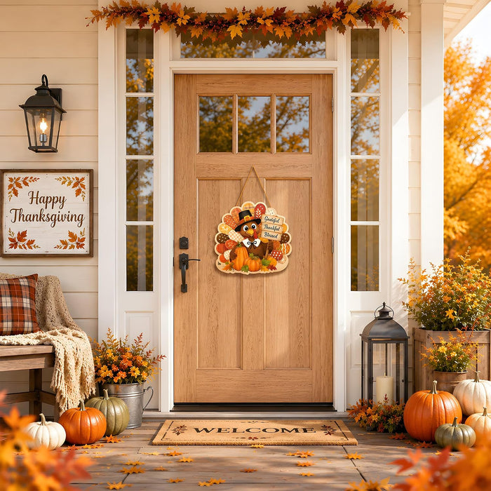 Thanksgiving Decorations - Turkey Pumpkin Wooden Sign for Front Door