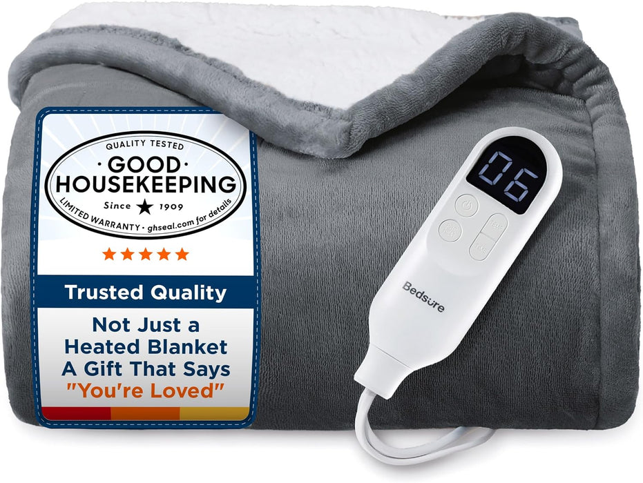 Heated Blanket Throw Blanket with Preheat Function - Fast Heating Electric Blanket, Soft Flannel Throw with 6 Time Settings(Up to 10H), 6 Heating Settings, Gifts for Grandma (50"x60", Grey)