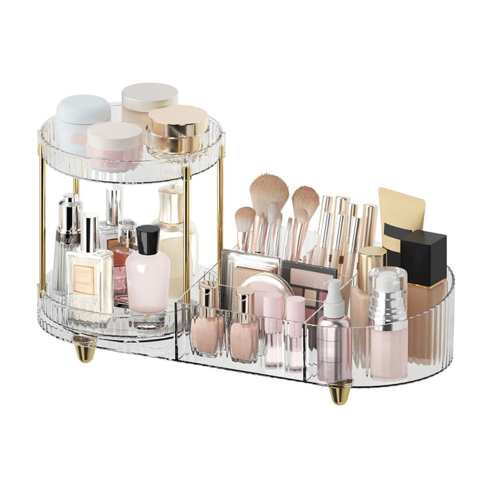 Makeup Organizer Countertop for Vanity, Rotating Perfume Tray with 5-compartment Cosmetic and Skincare Organizers, Multi