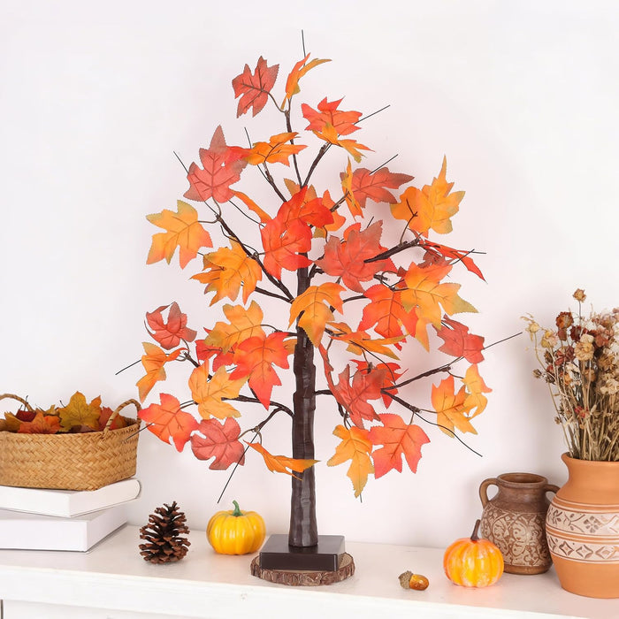 1 Pack 24 Inch Fall Maple Tree with 48LED Battery Operated Lighted Tabletop Artificial Tree with Pumpkin Acorn Maple Fal