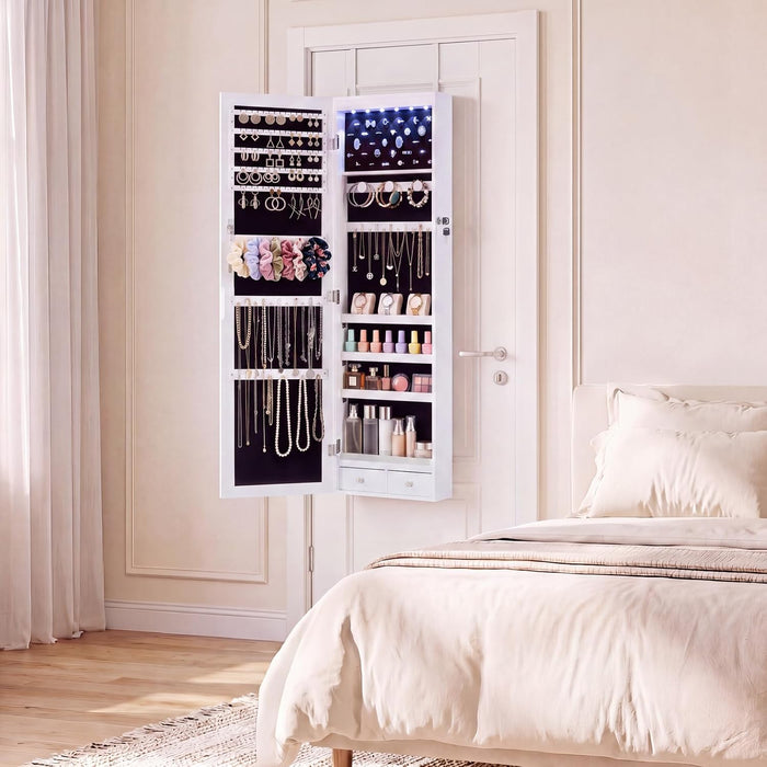 6 LEDs Mirror Jewelry Cabinet, Wall or Door Mounted Jewelry Organizer, 47.2-Inch Tall Lockable Large Capacity Cosmetic Storage, Gift Idea, White