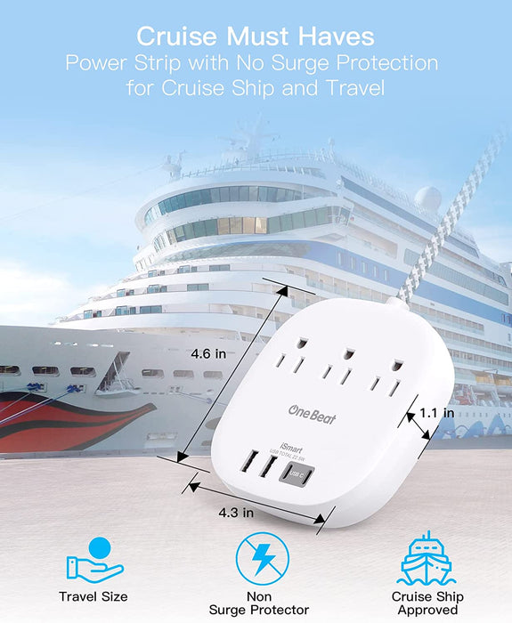 Travel Essentials, 22.5W/4.5A Flat Plug Power Strip, 6 Ft Extension Cord