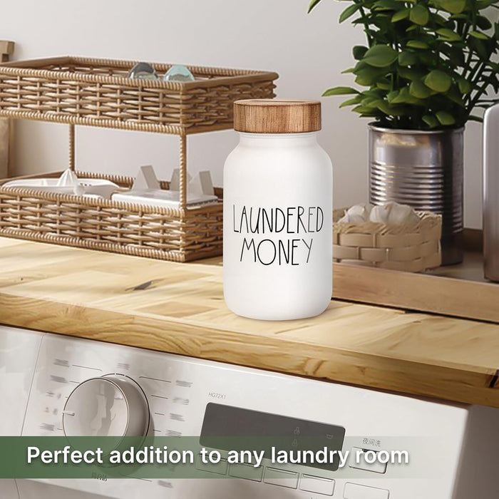 Laundry Room Decor & Organization - Premium Matte White Glass Coin Bank with Wood Lid - Rustic Farmhouse Money Jar for L