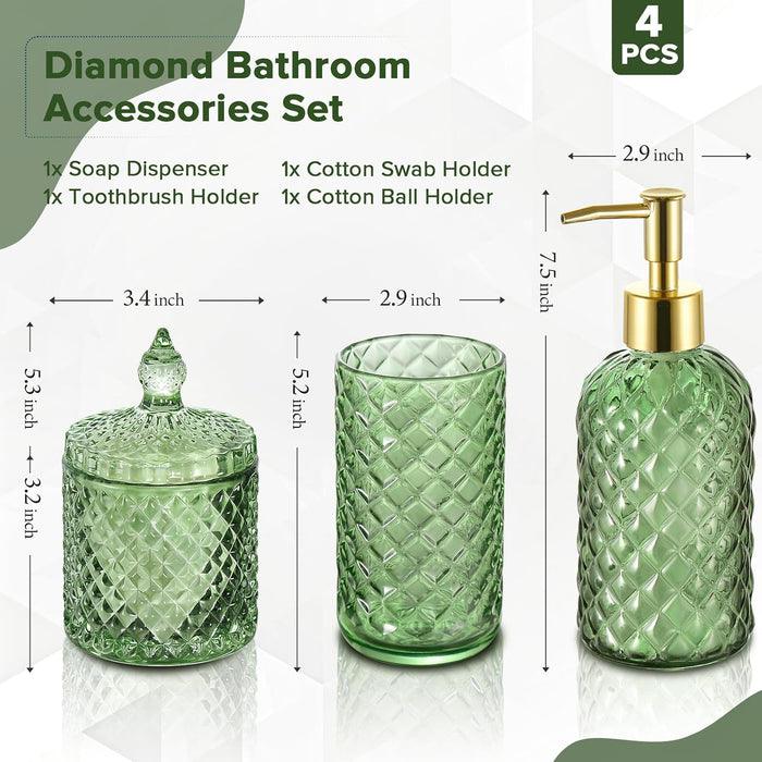 Green Bathroom Accessories Set, 4 Pack Olive Green Bathroom Decor Accessory Sets Complete, Diamond Glass Soap Dispenser 