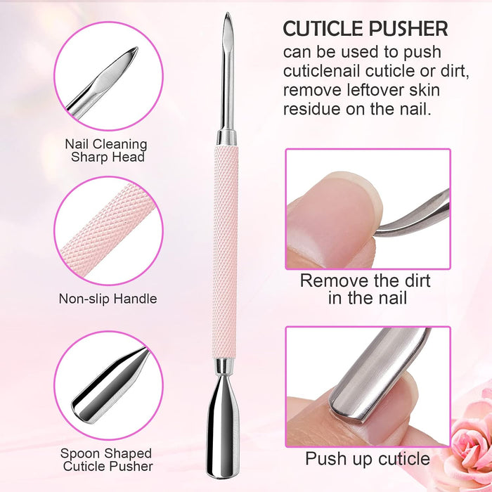 3 Pcs Pink Cuticle Nipper Set, Stainless Steel Pusher & Scraper