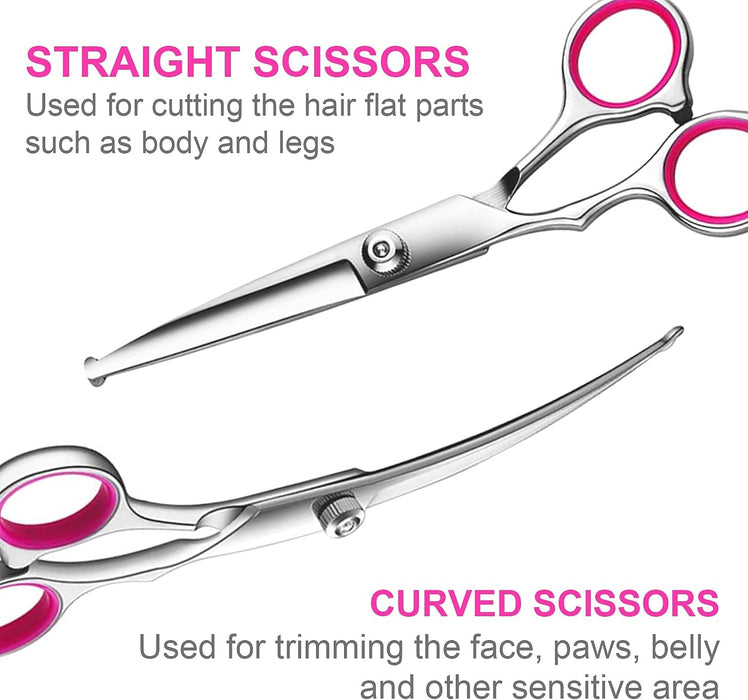 Dog Grooming Kit, Professional Stainless Steel Dog Grooming Scissors with Curved Shears, Pink Finger Rings - 4 Piece Sha