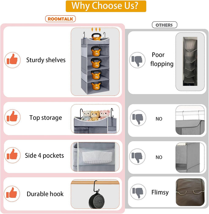 4-Shelf Hanging Closet Organizer and Storage with Side Pockets, Collapsible Closet Hanging Shelves for Storage, Grey