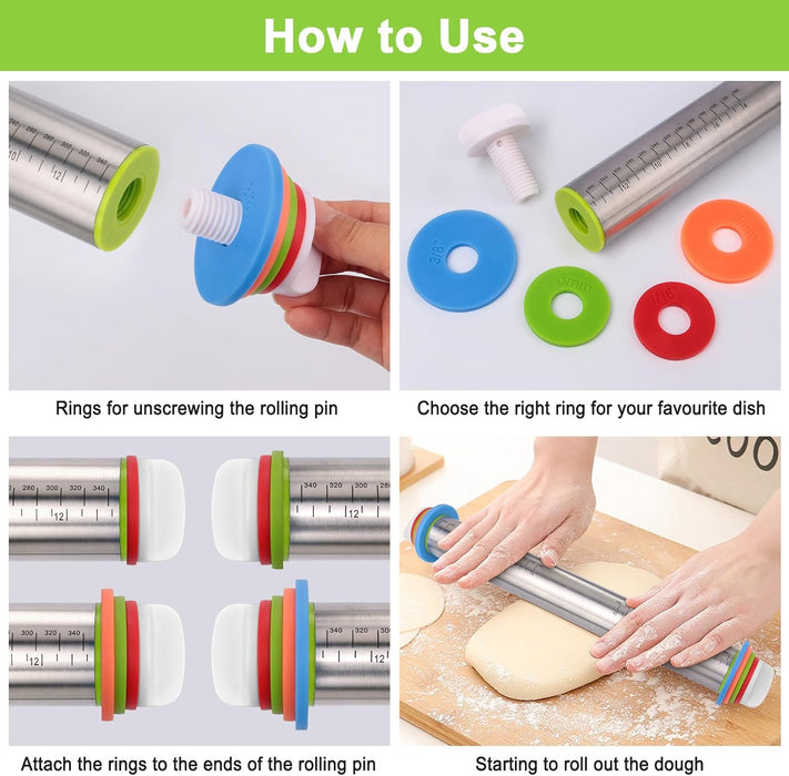 Adjustable Rolling Pin with Thickness Rings for Baking, Stainless Steel Designs Dough Roller Pins for Cookie Decorating 