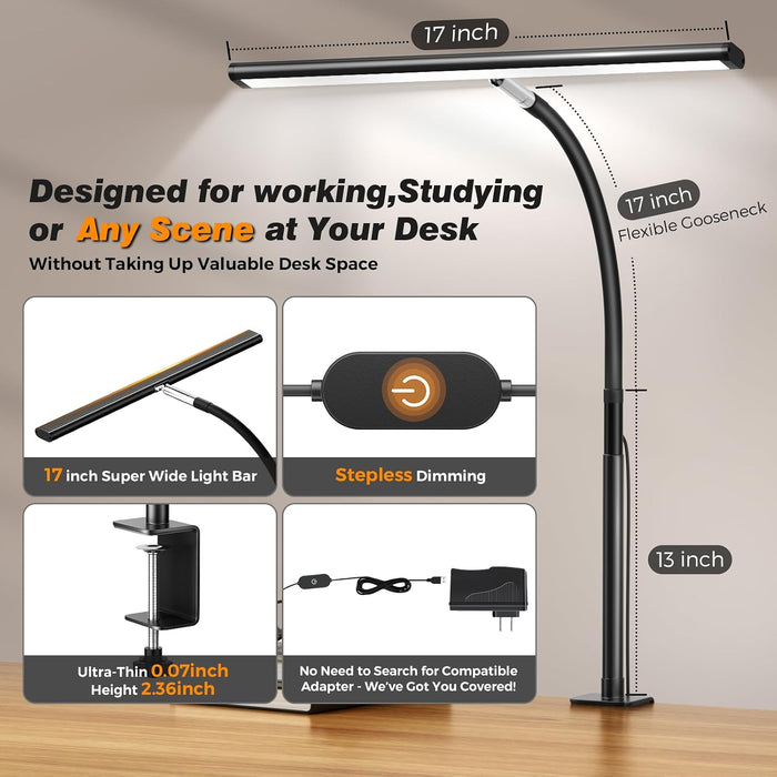 LED Desk Lamp with Clamp, 17" Stepless Dimming Light, Black