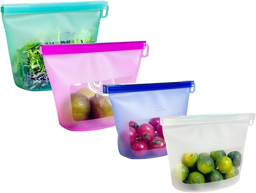 Reusable Silicone Food Storage Bags (Set of 4), Dishwasher Oven Microwave Freezer Safe, Eco-Friendly 100% Platinum, Leak