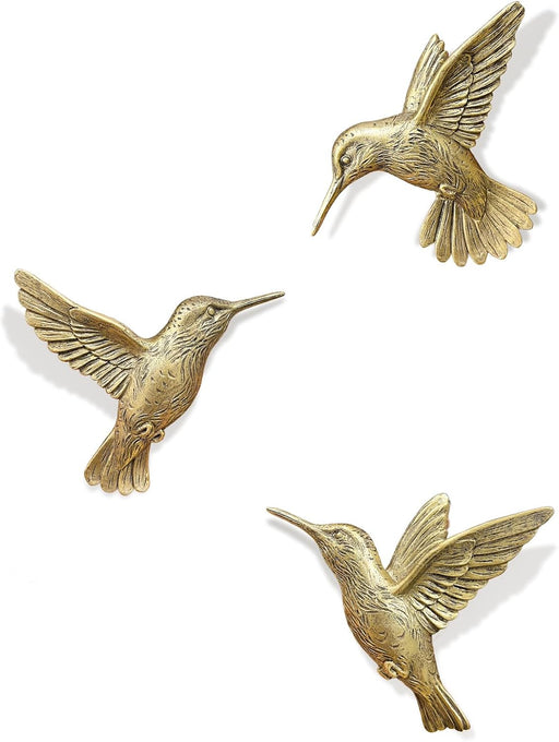 3D Hummingbird Wall Decor Set - Brass Resin Bird Wall Decor for Living Room, Bedroom and Gallery Walls - Vintage Gold - Set of 3