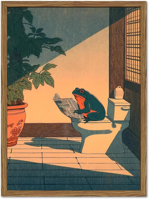 Funny Frog Bathroom Wall Art, Cute Japanese Frog in Toilet Wall Decor, Whimsical Green Animal Restroom Poster Canvas Painting Prints Artwork 12x16 inch Framed