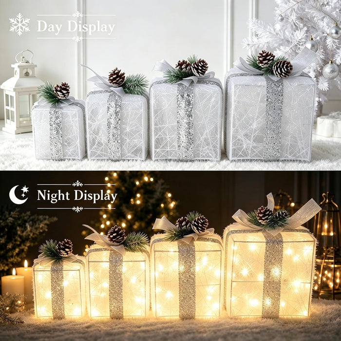 Set of 4 Christmas Lighted Gift Boxes, Battery Operated Xmas Decor