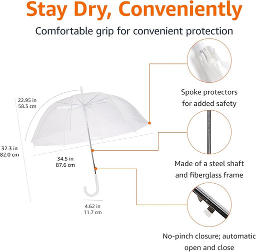 Clear Umbrella for Rain, Round Bubble Umbrella for Wedding, With Wide Coverage (35" Canopy Diameter), Auto Open, Strong Fiberglass Frame, Steel Shaft, Spoke Protectors for Safety