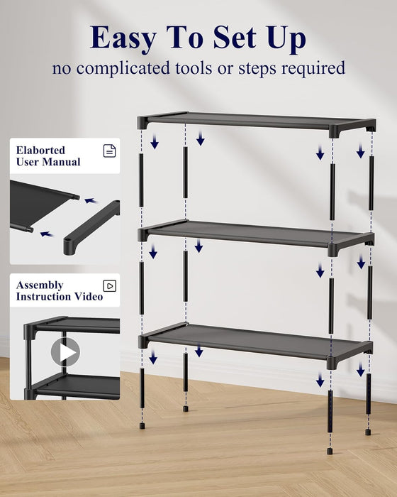 Shoe Rack - Non-Woven Shoe Rack Shelf, 27.5" Wide - 3 Tier, Black