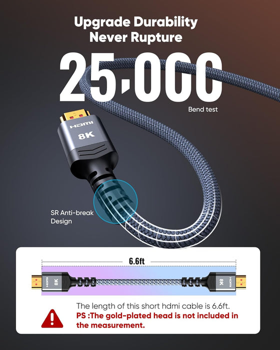 8K 10K 4K HDMI Cable 48Gbps 6.6FT/2M, Certified Ultra High Speed
