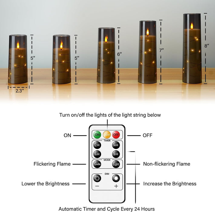 Flameless LED Candles with Timer 5 Pc Flickering Flameless Candles for Romantic Ambiance and Home Decoration Stable Acrylic Shell,with Embedded Star String，Battery Operated Candles（Grey）