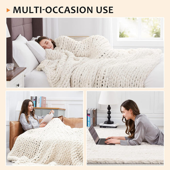 Chunky Knit Throw Blanket for Couch, 50'' x 60'' Knit Throw, Ivory