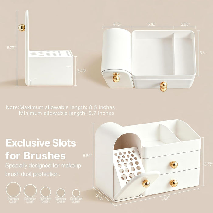 Makeup Organizer Countertop with Drawers, Vanity Organizers with Brush Holder, Bathroom Counter Organizer for Perfume, Nail Polishes, Lipsticks, Skincare and Eyeshadow Palettes, White