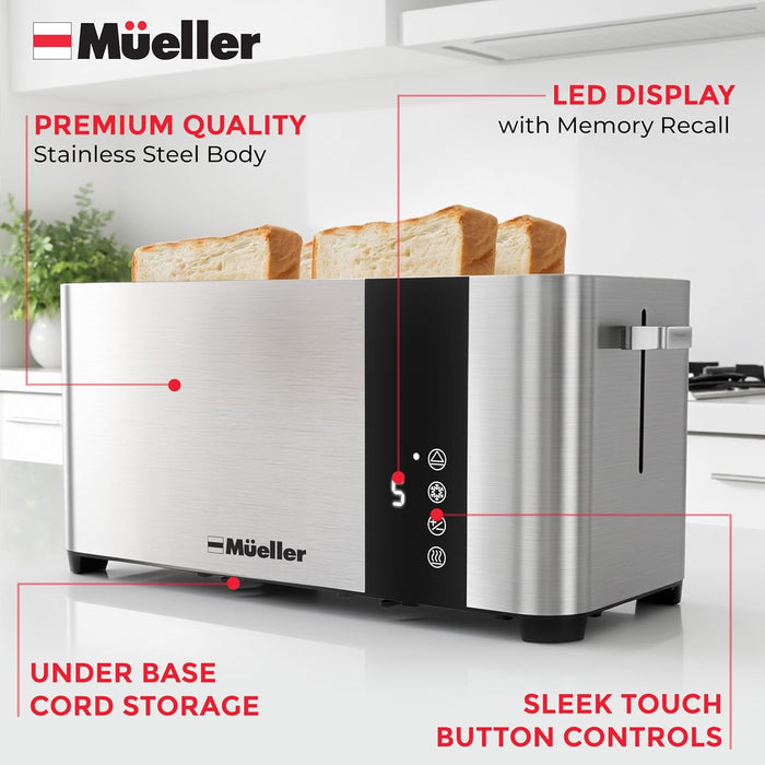 Ultratoast Full Stainless Steel Toaster 4 Slice, Long Extra-Wide Slots for Bagels and Waffles, 6 Browning Levels, LED Display, Cancel/Defrost/Reheat Functions & Removable Tray, Kitchen Gadgets