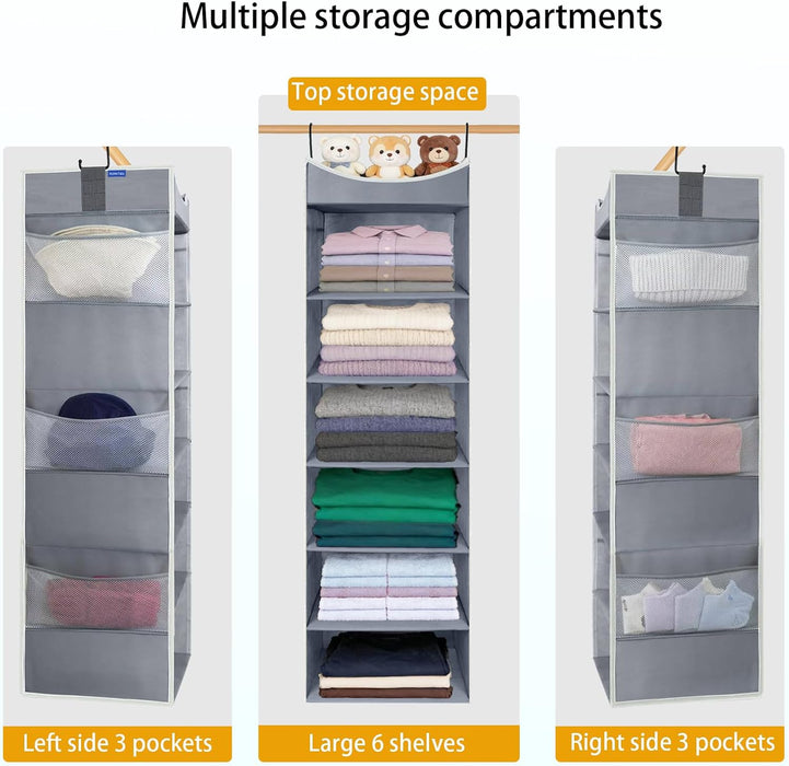 6-Shelf Hanging Closet Organizer and Storage with Side Pockets, Collapsible Closet Hanging Shelves for Storage, Grey