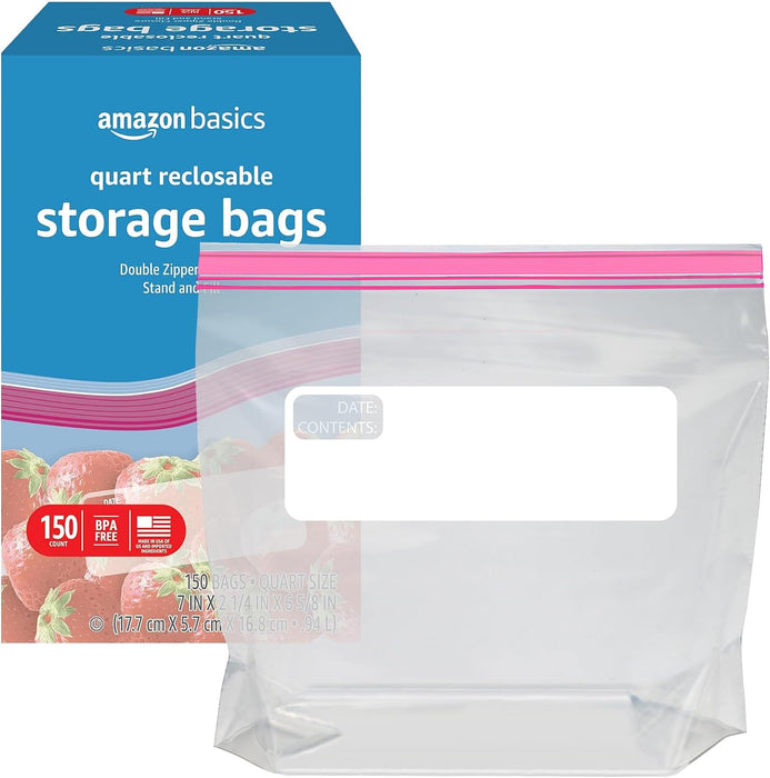 Reclosable Quart Food Storage Bags with Double Zipper Seal, BPA Free, 150 Count