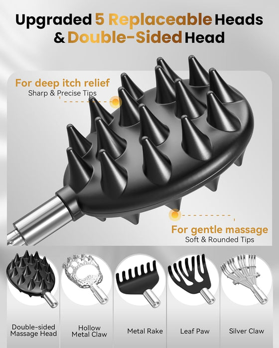 Telescopic Back Scratcher with 5 Detachable Heads, Gifts for Men, Black10-34 Stainless Steel Pole, Rubber Grip, Portable Carry Pouch, Birthday Gifts for Men,Women, Dad and Adults