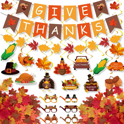 Thanksgiving Decorations Set, GIVE THANKS Banner and Garland, Hanging Swirls, Turkey Glasses and Maple Leaf for Indoor H